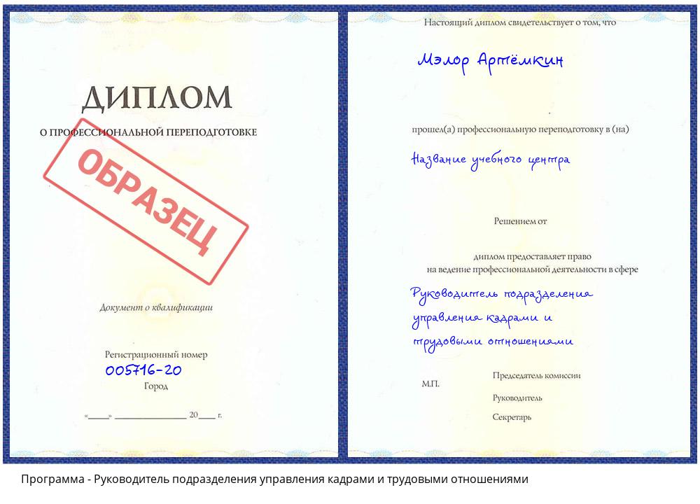 Руководитель подразделения управления кадрами и трудовыми отношениями Дербент
