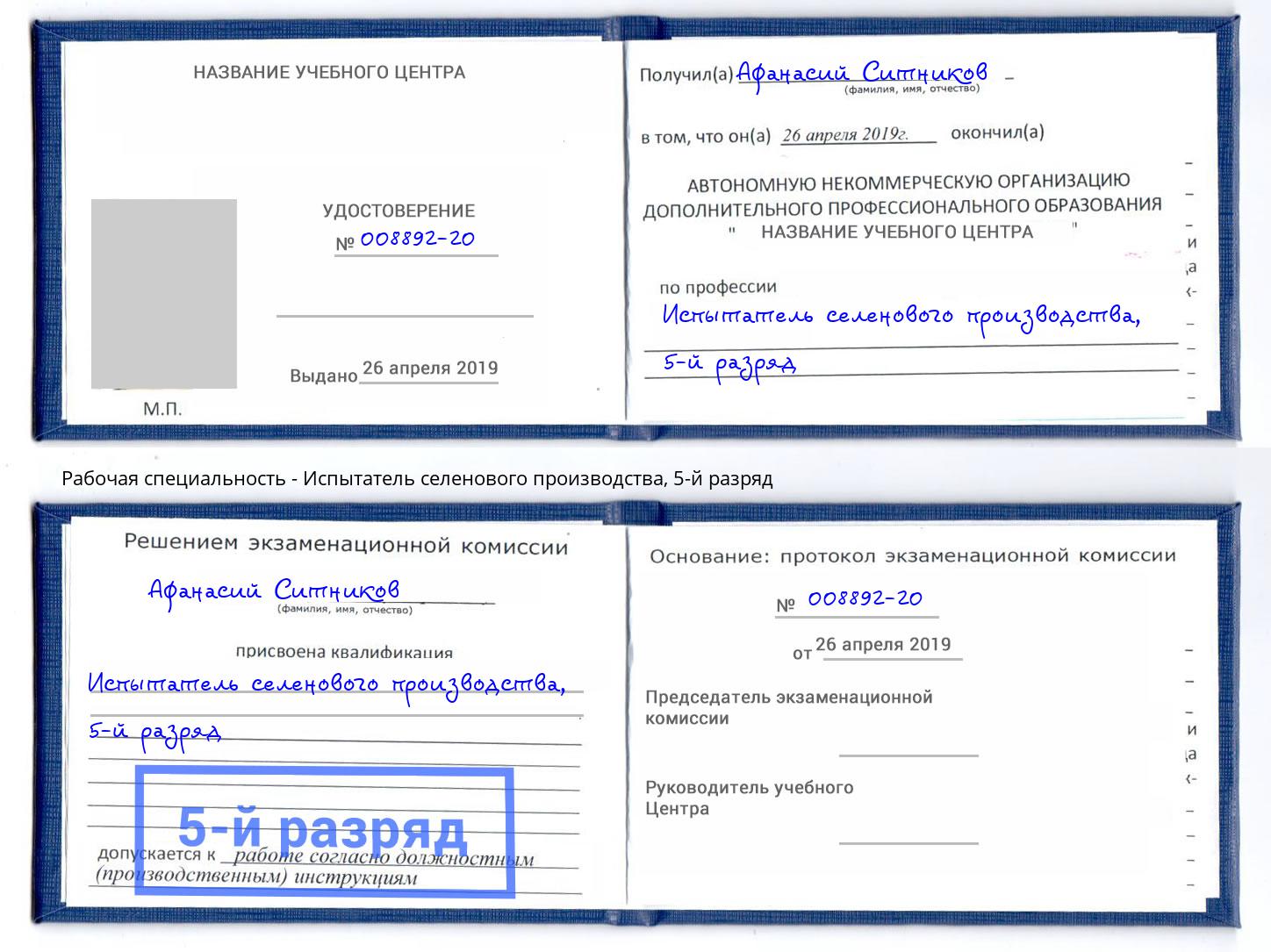 корочка 5-й разряд Испытатель селенового производства Дербент