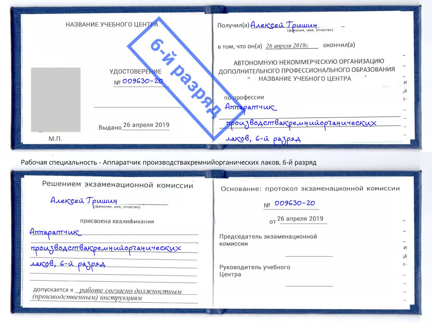 корочка 6-й разряд Аппаратчик производствакремнийорганических лаков Дербент