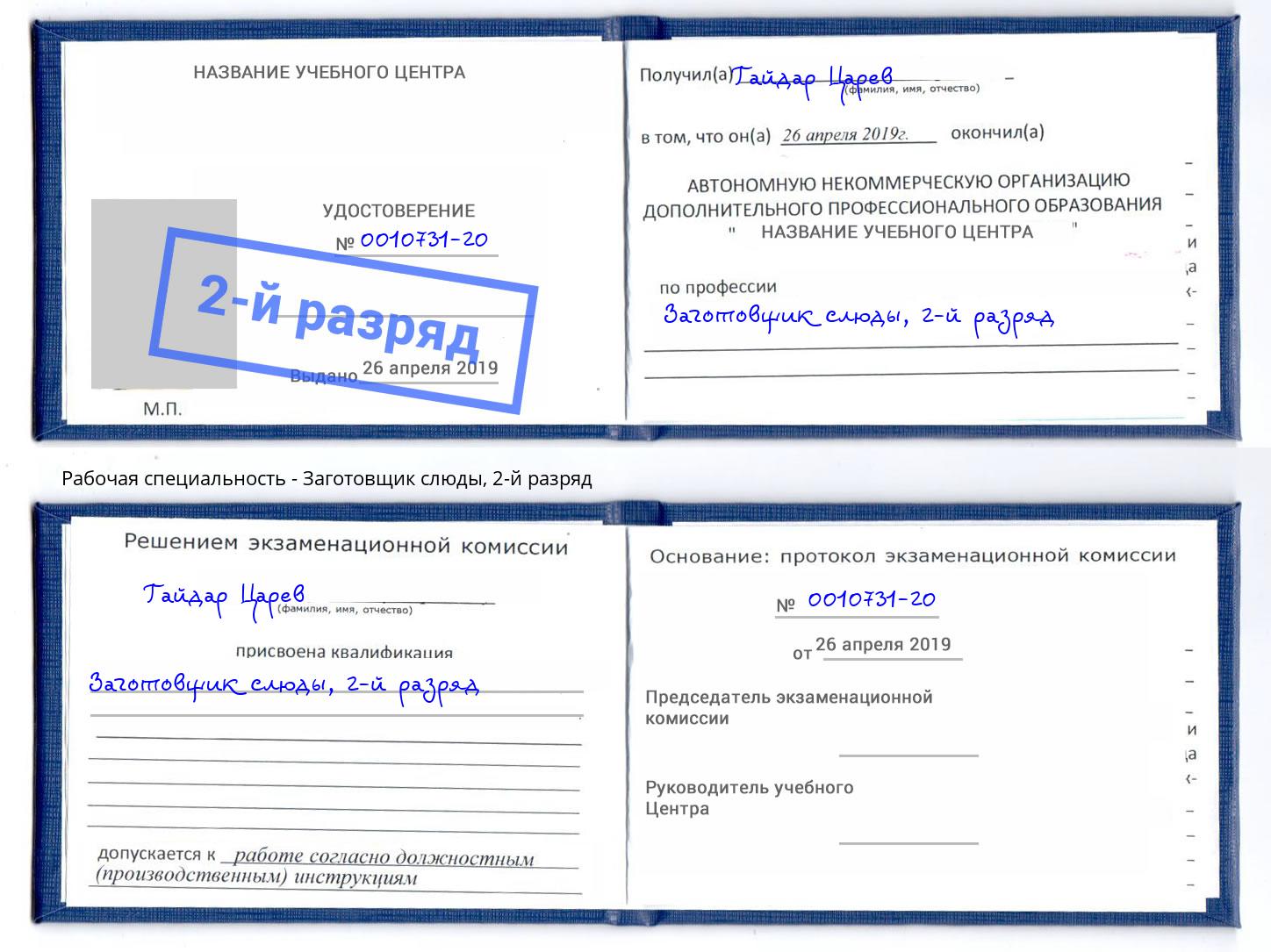 корочка 2-й разряд Заготовщик слюды Дербент