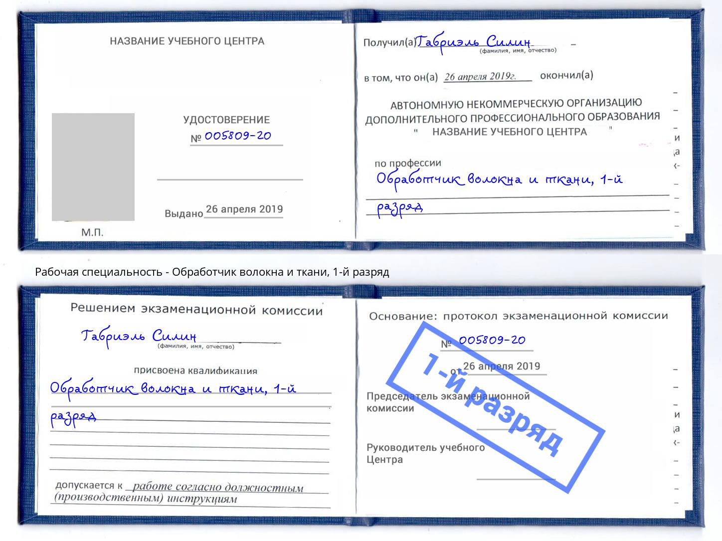 корочка 1-й разряд Обработчик волокна и ткани Дербент