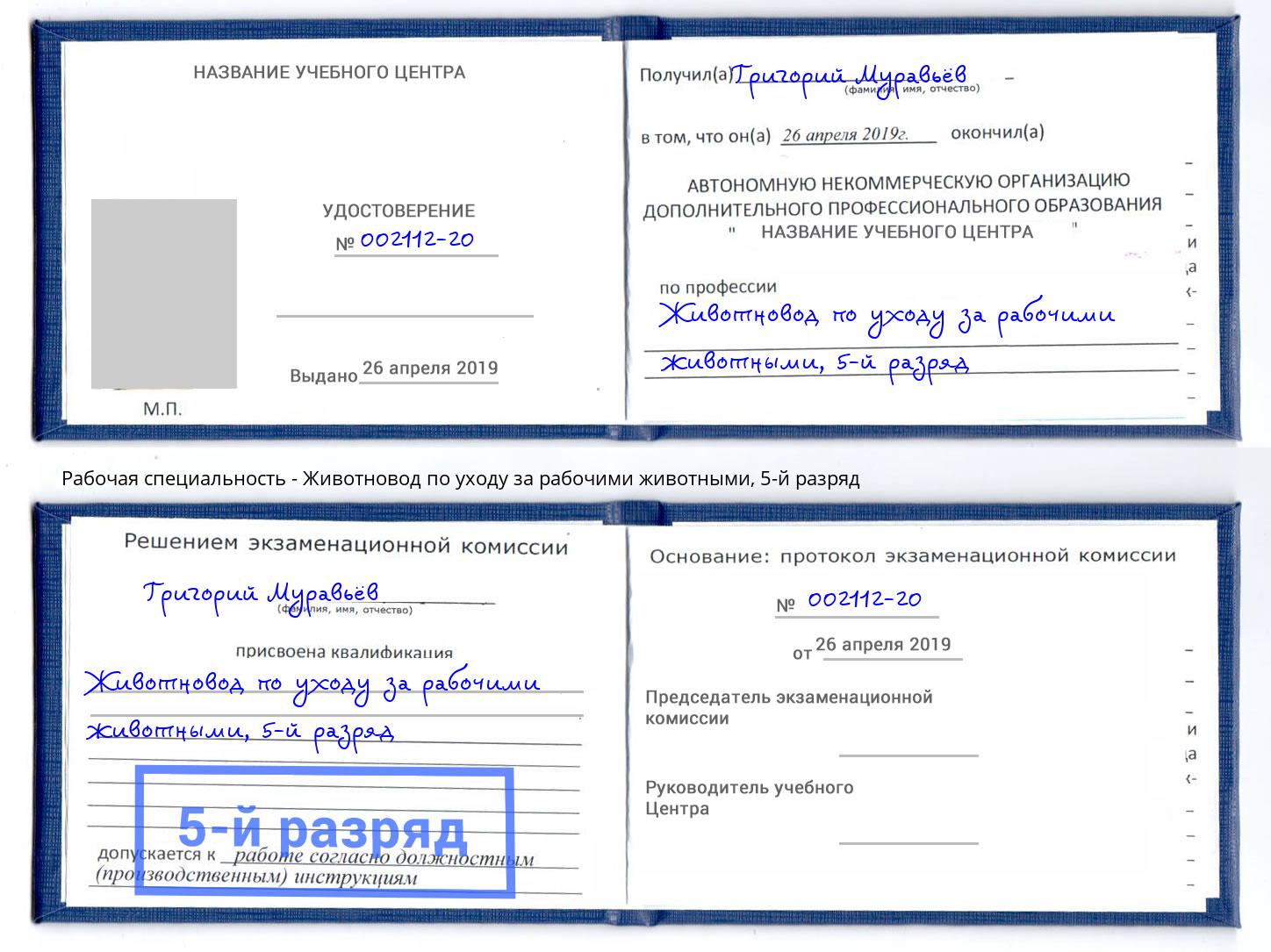 корочка 5-й разряд Животновод по уходу за рабочими животными Дербент