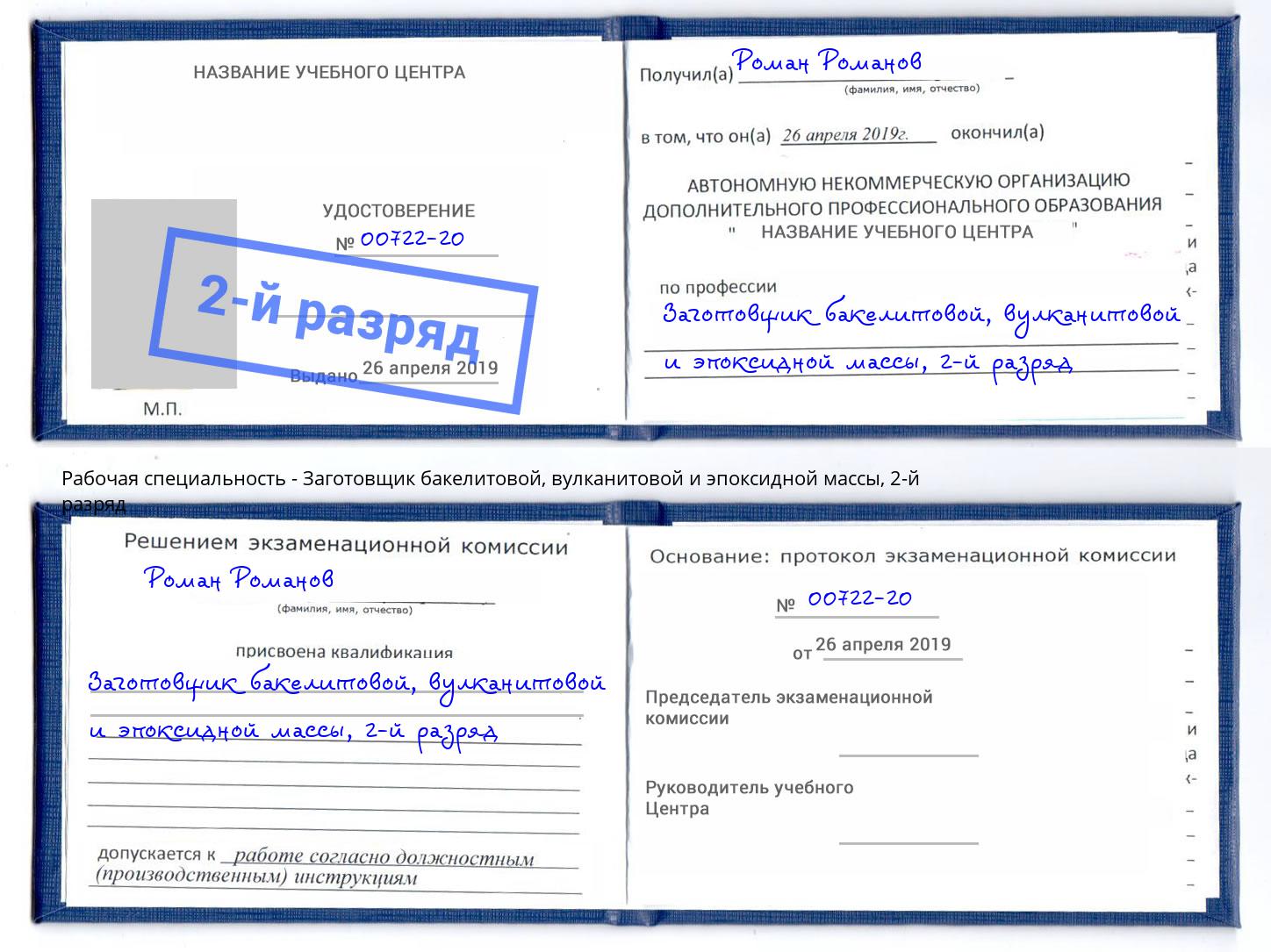 корочка 2-й разряд Заготовщик бакелитовой, вулканитовой и эпоксидной массы Дербент