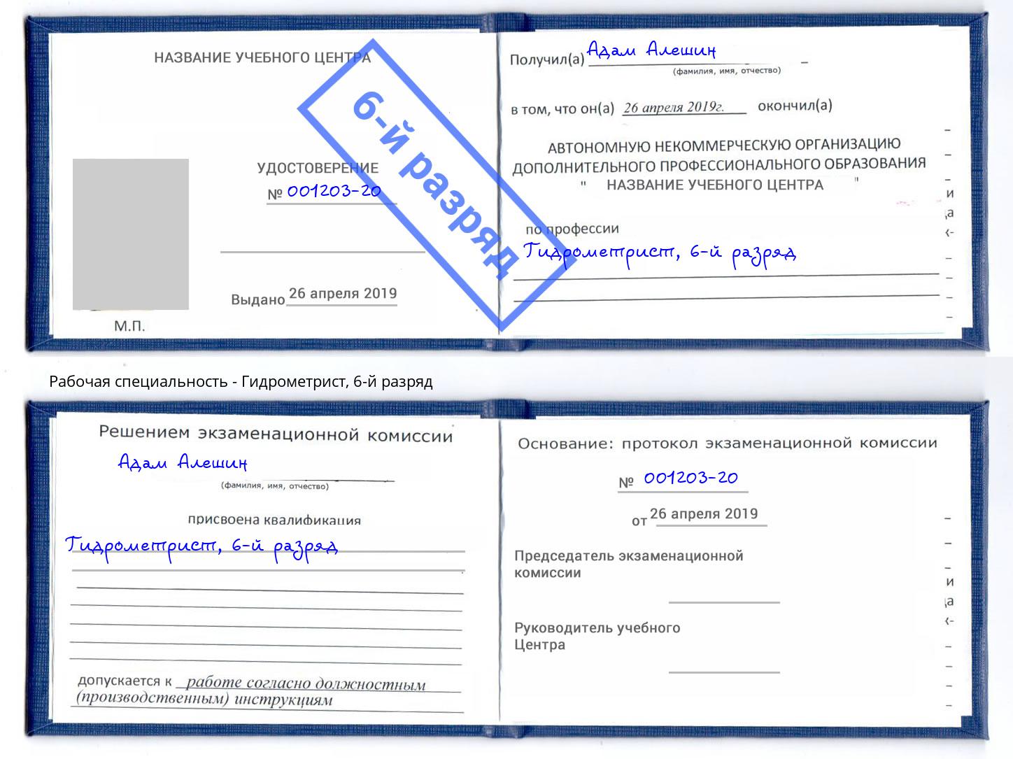 корочка 6-й разряд Гидрометрист Дербент